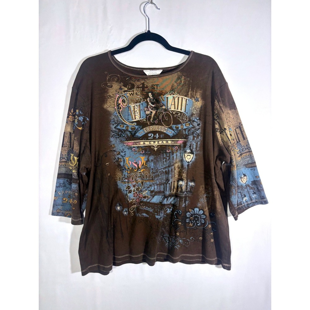 Artistic Y2K Grunge CJ Banks Graphic Tee Women 3X Brown Cafe Latte Espresso